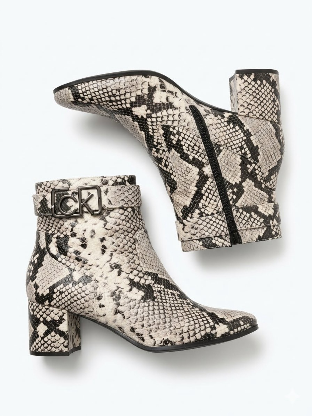 Calvin Klein Black & Ivory Snakeskin-Print Ankle Booties